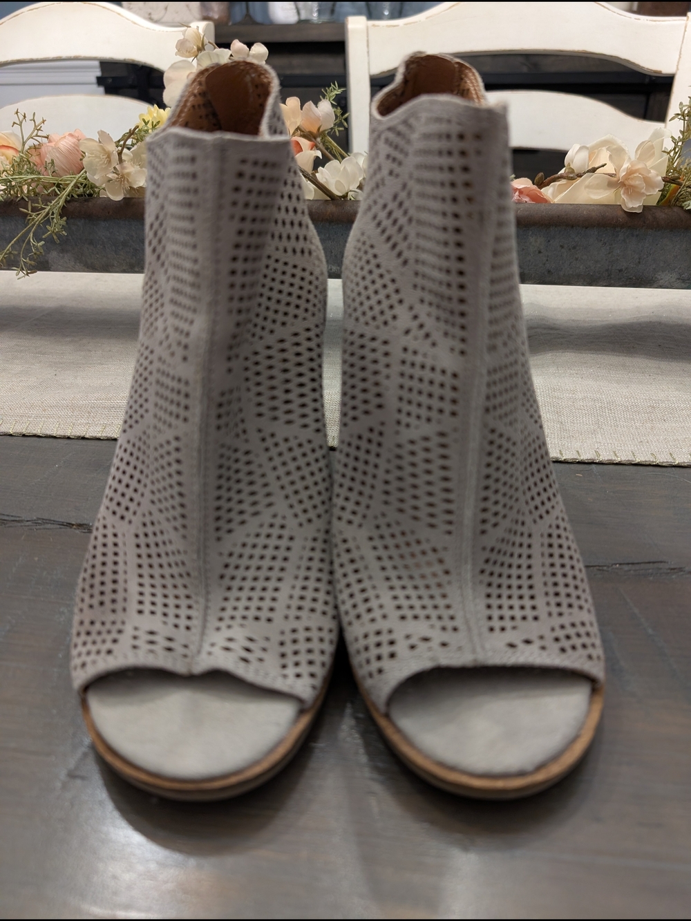 Lucky Brand Gray Perforated Peep-Toe Mules
